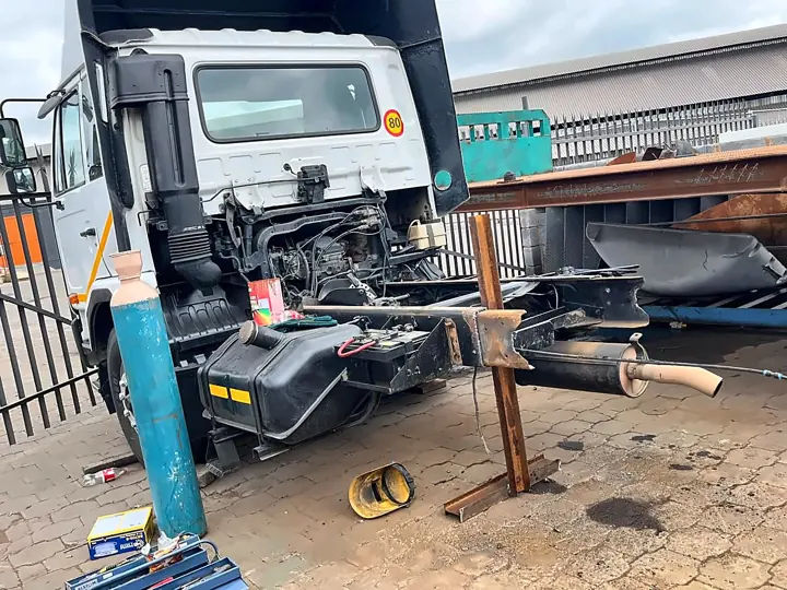 Truck chassis being extended and prepared