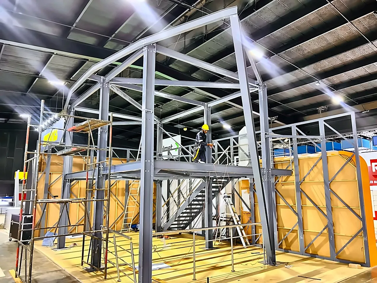 Two-storey steel exhibition stand under construction